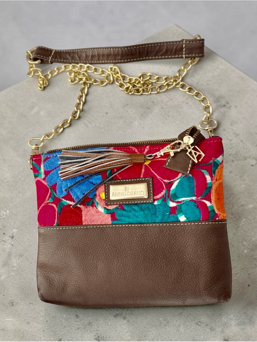 Colorblock Leather & Embroidered Crossbody Bag - Brown & Multicolor